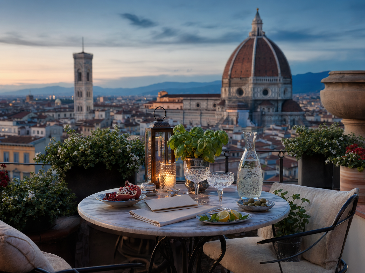 Aperitivo cinematográfico em rooftop florentino, com luz dourada e vista elegante
