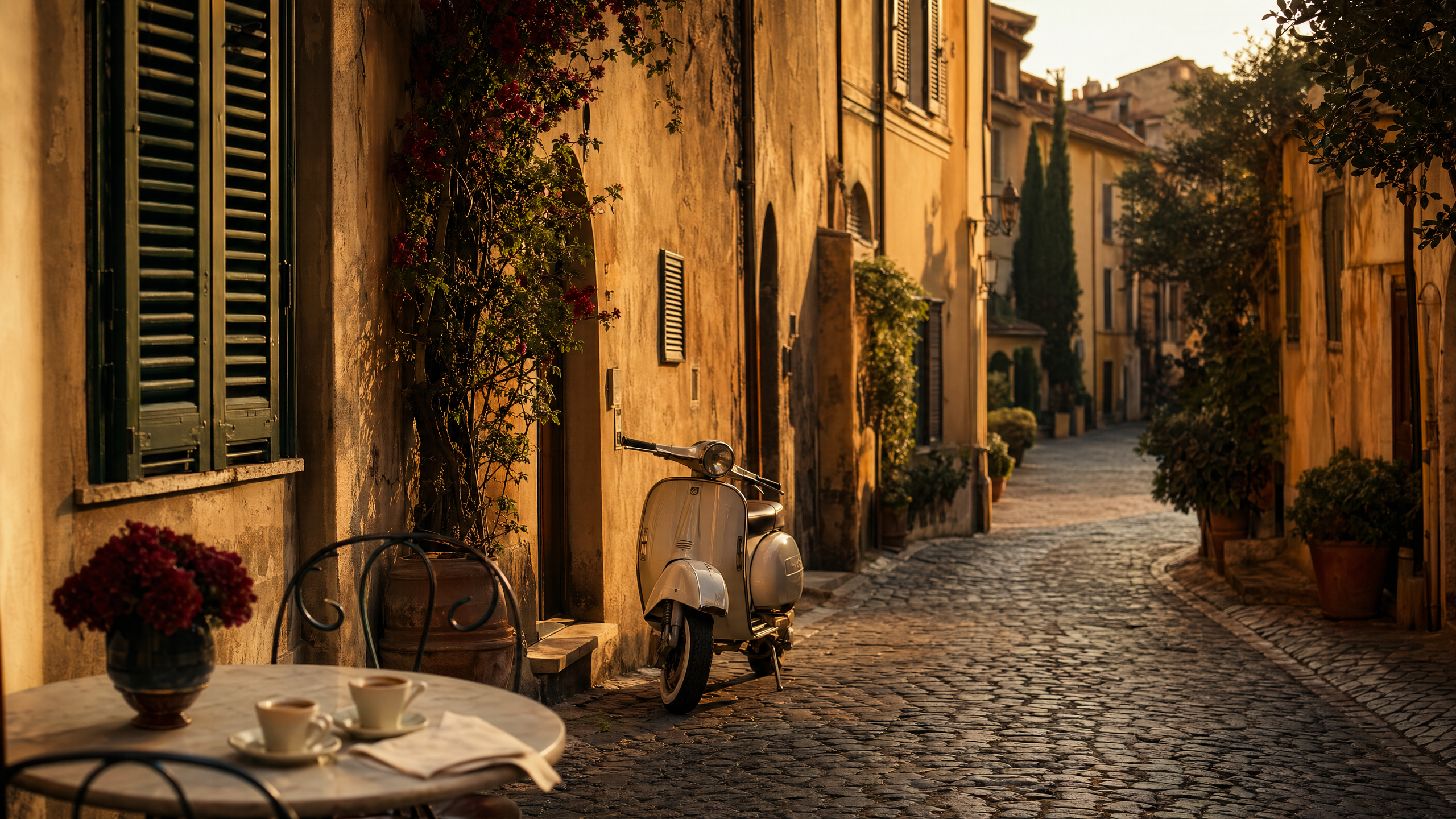 Ruela cinematográfica em Roma ao fim de tarde, com atmosfera silenciosa e exclusiva